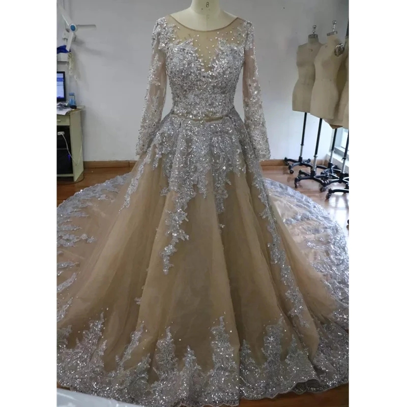 Ball Sparkly Gown Sheer Neck Sequins Beaded Tulle Long Sleeves Backless Wedding Gowns Plus Size Bridal Dresses S