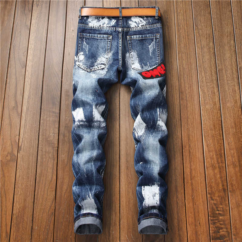 Men's Jeans New Fashion Brand Autumn Winter Patchwork Ripped Embroidered Stretch Trendy Holes Straight Denim Trouers Y2303