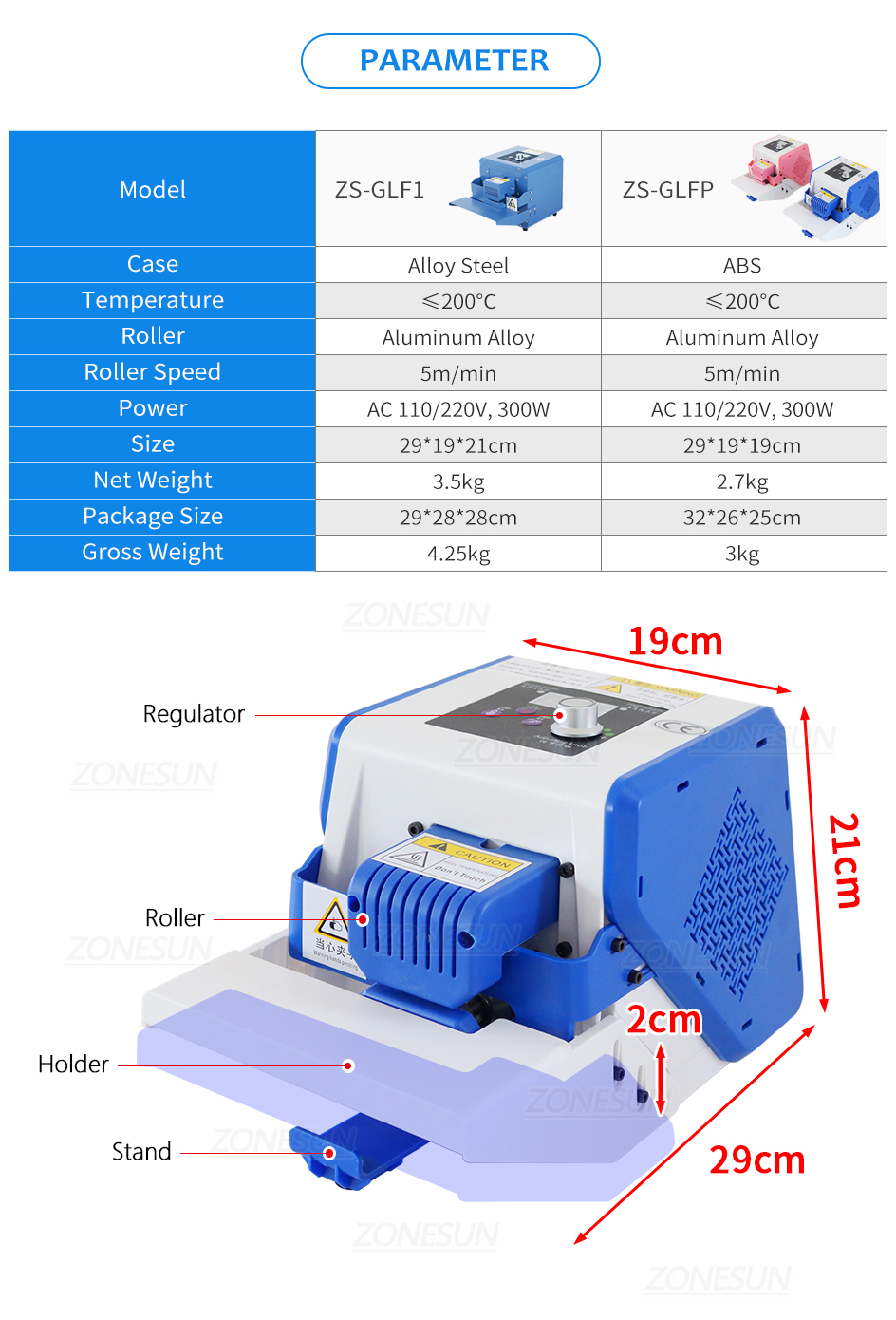 ZONESUN Portable Bag Sealer Roller Sealing Machine Aluminum Foil Composite Plastic Film PE Coated Paper Food Packaging ZS-GLF1P