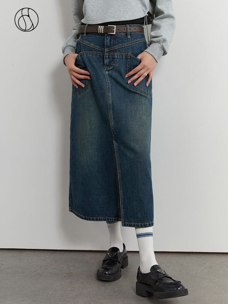 Skirts DUSHU Denim Skirt Women High Waist Long A-LINE Skirts Office Lady Front Spilt Retro Denim Blue Jean Skirt For Women 230301