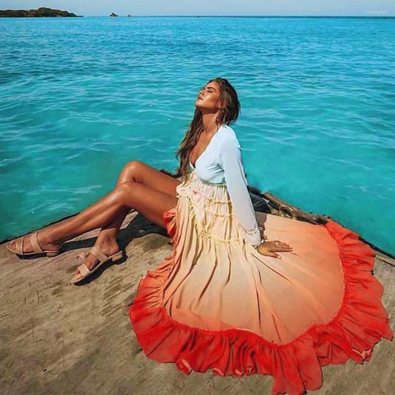 Casual Dresses Women Summer Boho Maxi Dress Rainbow Gradiented Long Sleeve Fashion Beach Button Fold Loose Vestidos