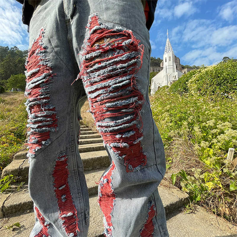 Men's Jeans Y2K Fashion Ripped Men 2023 Spring Summer Streetwear Trend Loose Straight Denim Trousers Mens Leisure Patchwork Jean Pant Y2303