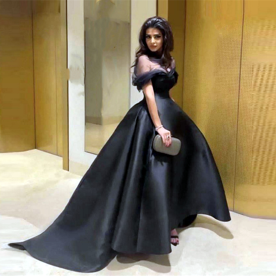 Vintage Black High Low Prom Dresses Ball Gown Long Satin Simple Evening Gowns Off Shoulder Elegant Women Special Occasion Dress 2023