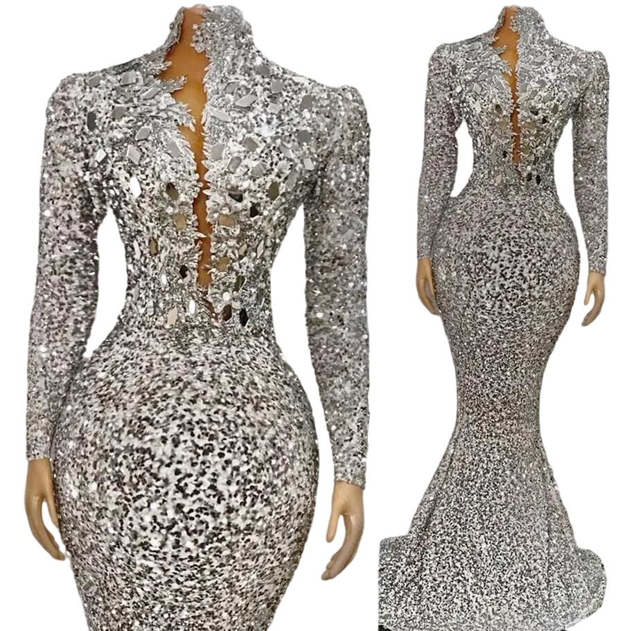2023 Silver Sequins Mermaid Evening Dresses Long Sleeves gillter Beaded aso ebi Occasion Wear Arabic Prom Gown vestidos