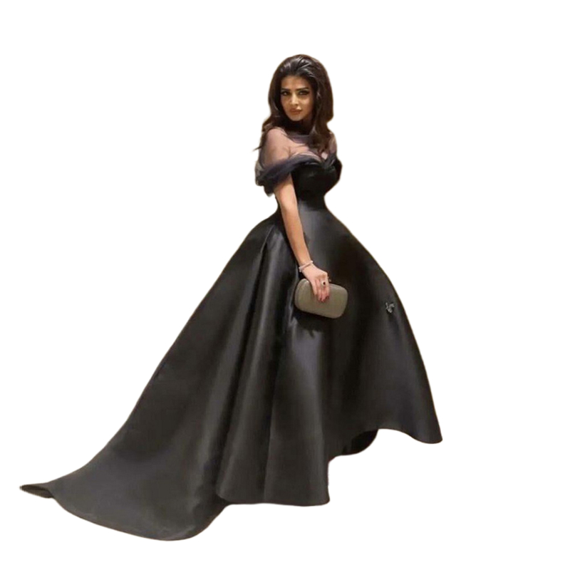 Vintage Black High Low Prom Dresses Ball Gown Long Satin Simple Evening Gowns Off Shoulder Elegant Women Special Occasion Dress 2023