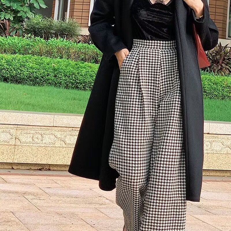 Women's Pants Capris Winter Women Vintage Classic Houndstooth Woolen Cloth Straight Wide Leg Trousers Elegant Office Lady High Waist Loose Suit P