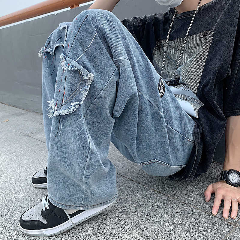 Men's Jeans Blue Paint Points Patchwork Jeans Men Women High Street Hip Hop Straight Jean Pants Baggy Jeans Couple Casual Denim Trousers Z0301