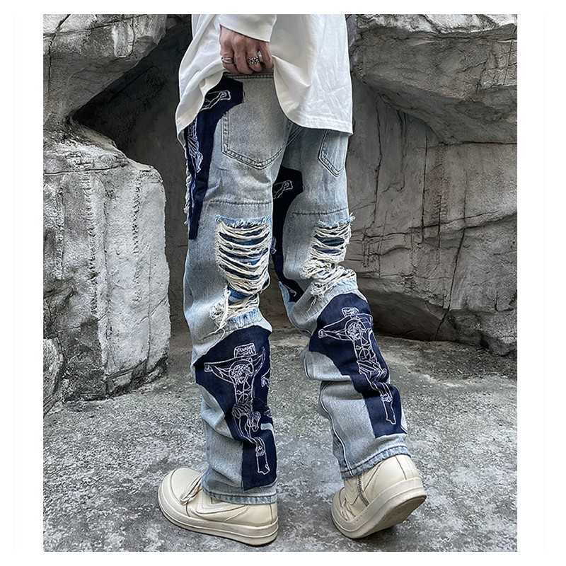 Men's Jeans Ripped Jeans Baggy Men Print Harajuku Pants Slim Trendyol Men's Fashion Hip Hop Trousers Y2k Man Grunge Streetwear Stacked Z0301
