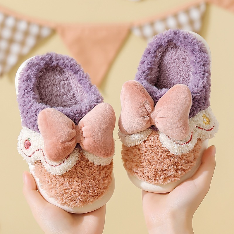 Slipper Children's Cotton Slippers With Bowknot Solid Color Comfortable Cute Cartoon Casual Kids Plush Slippers First Walkers Boys Girls 230301