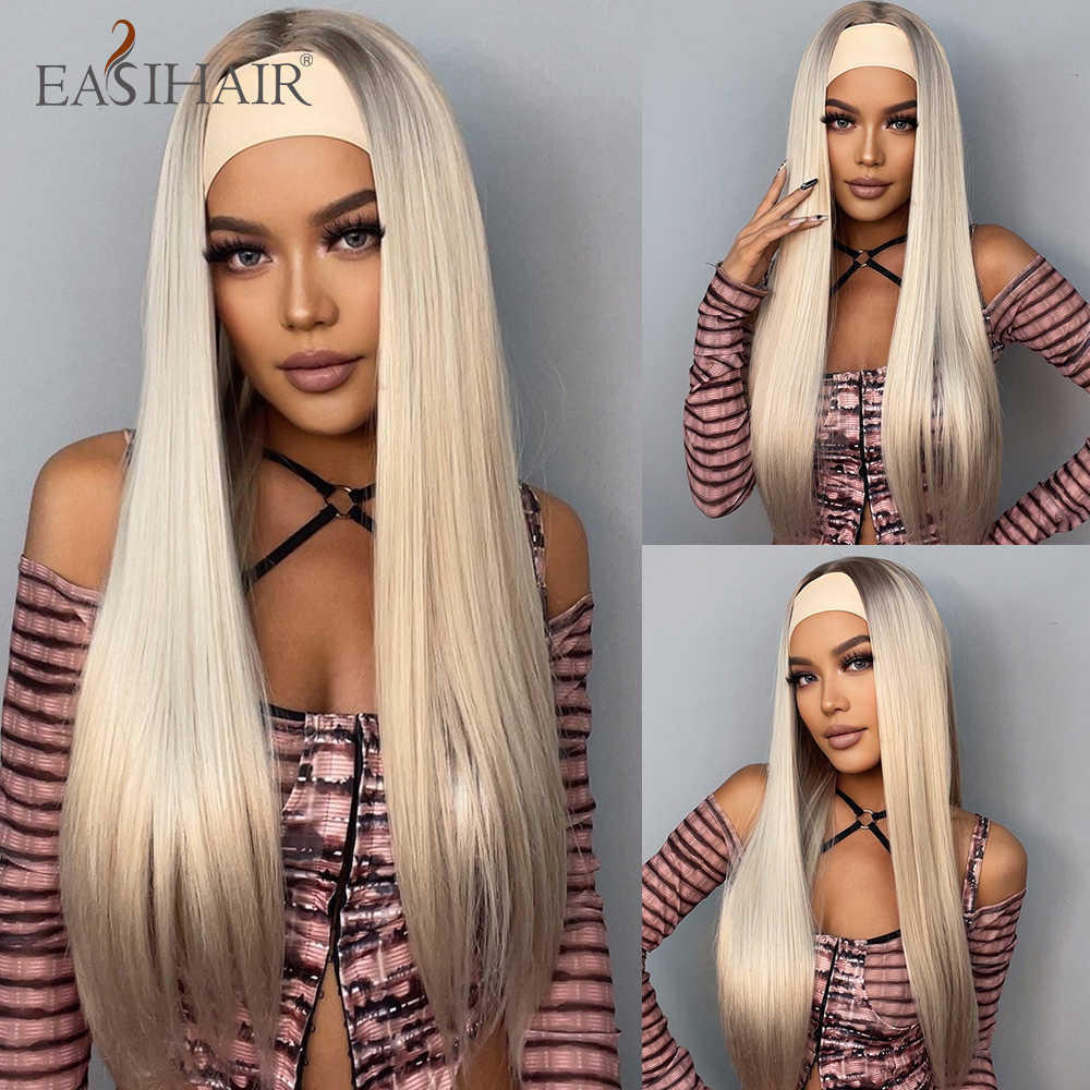 Synthetic Wigs Easihair Highlights Headband Wig for Women Black Brown Long Straight Premium Silky Synthetic 230227 Hair Wigs