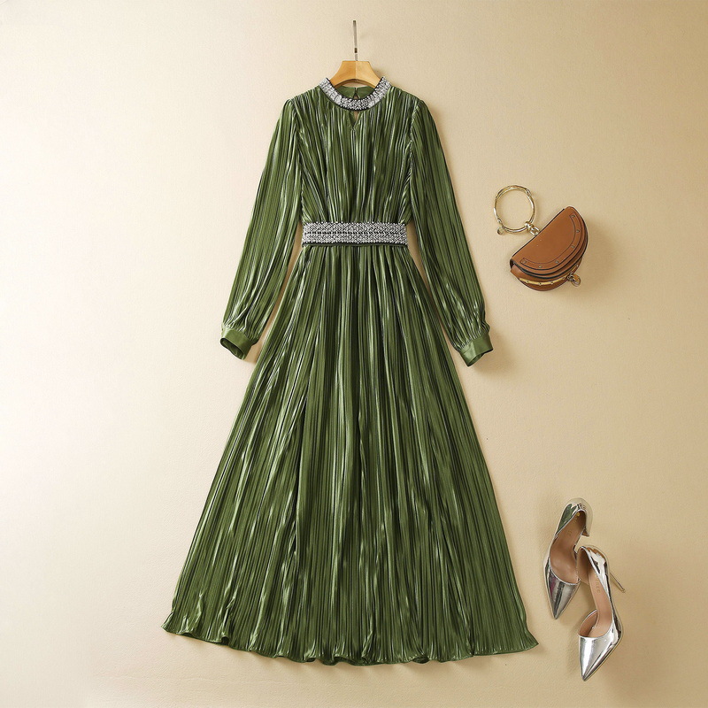 2023 Spring Hot Pink / Green Pleated Pearl Dress Long Sleeve Round Neck Beaded Solid Color Midi Casual Dresses S3F280224 Plus Size XXL