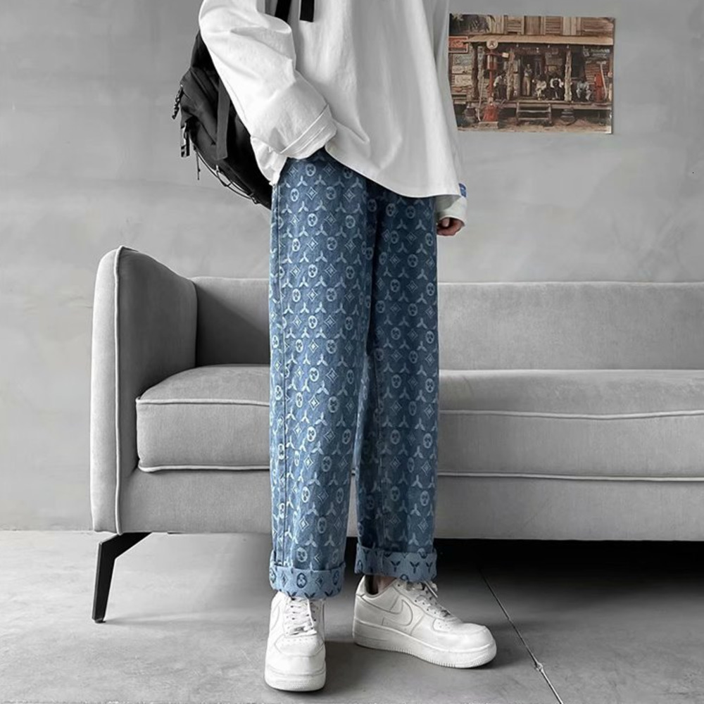 Men's Jeans American Retro Jacquard Jeans Men Autum Summer Thin Street Ruffian Handsome Loose Pants Straight Drop Vintage Denim Distressed 230302
