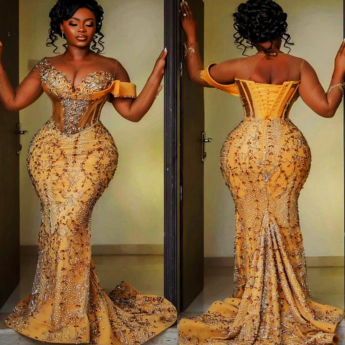 2023 Arabic Aso Ebi Gold Mermaid Prom Dresses Beaded Crystals Luxurious Evening Formal Party Second Reception Birthday Engagement Gowns Dress ZJ505