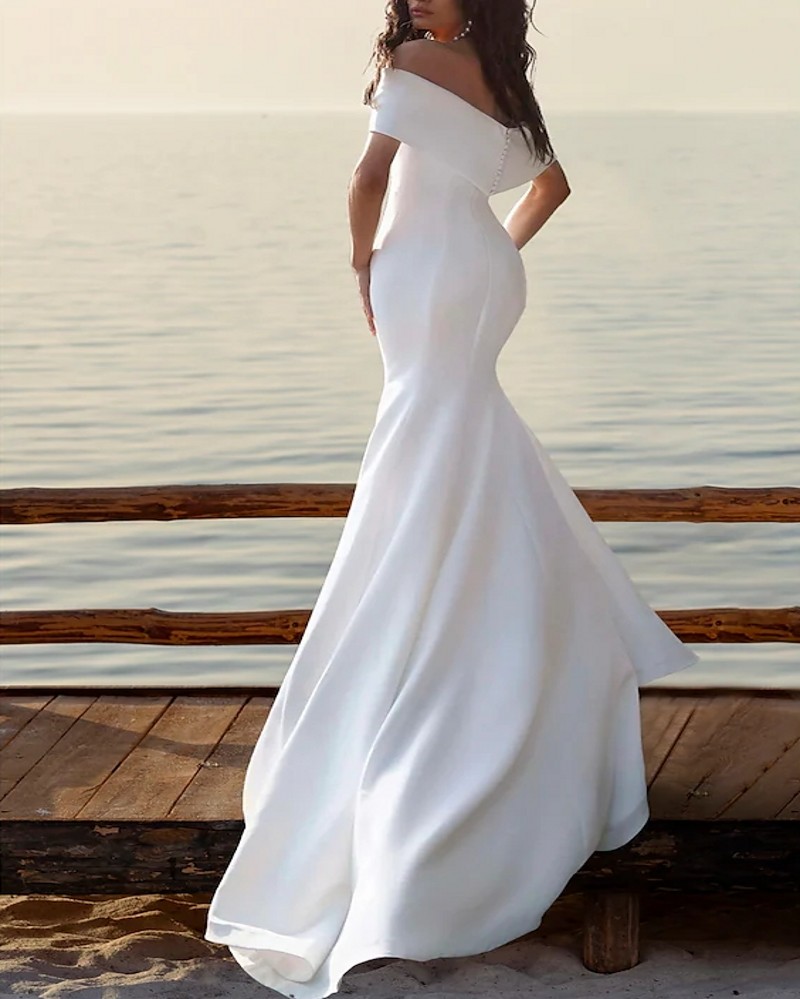 Beach Casual Long Wedding Dress 2023 Mermaid Cap Sleeve Off Shoulder Satin Ruched Backless Bride Gowns Plus Size Robe De Mariee