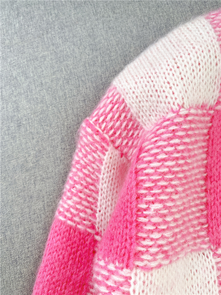 Women's Knits Tees Mohair V-neck Plaid Pink Knitted Jacket Spring Single-breasted Collision Color Loose Office Lady Cardigan Sweater 230302