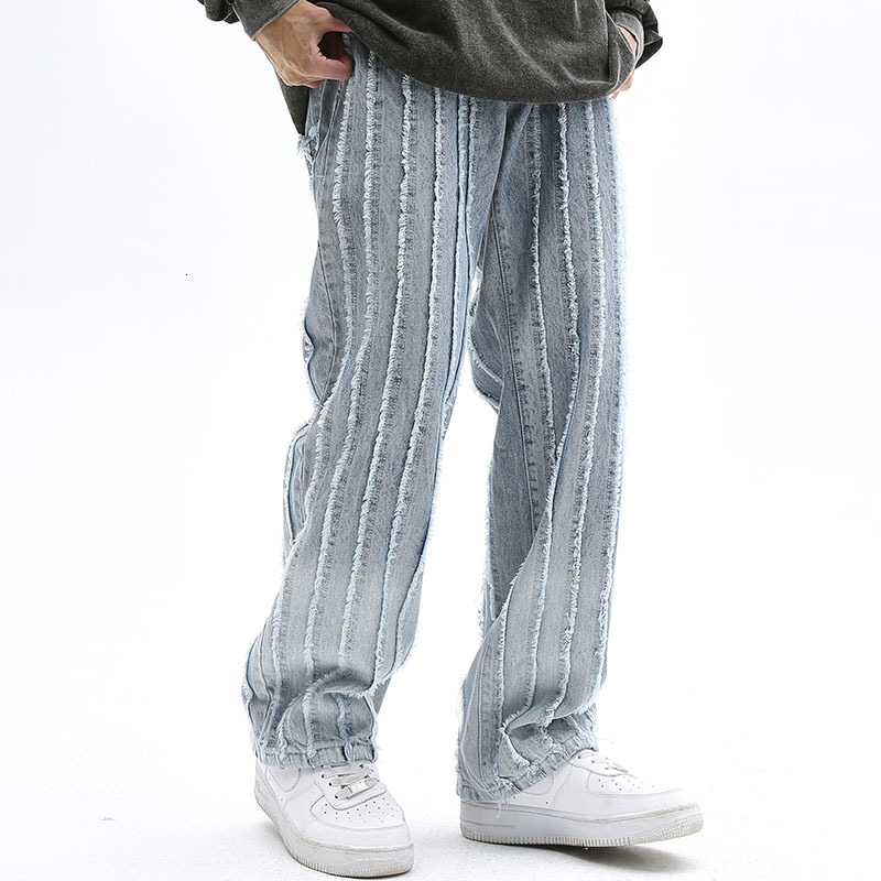Men's Jeans Gradient Color Striped Frayed Retro Casual Denim Trousers Men and Women Straight Baggy Pockets Ripped Tassel Jeans Pants 230302