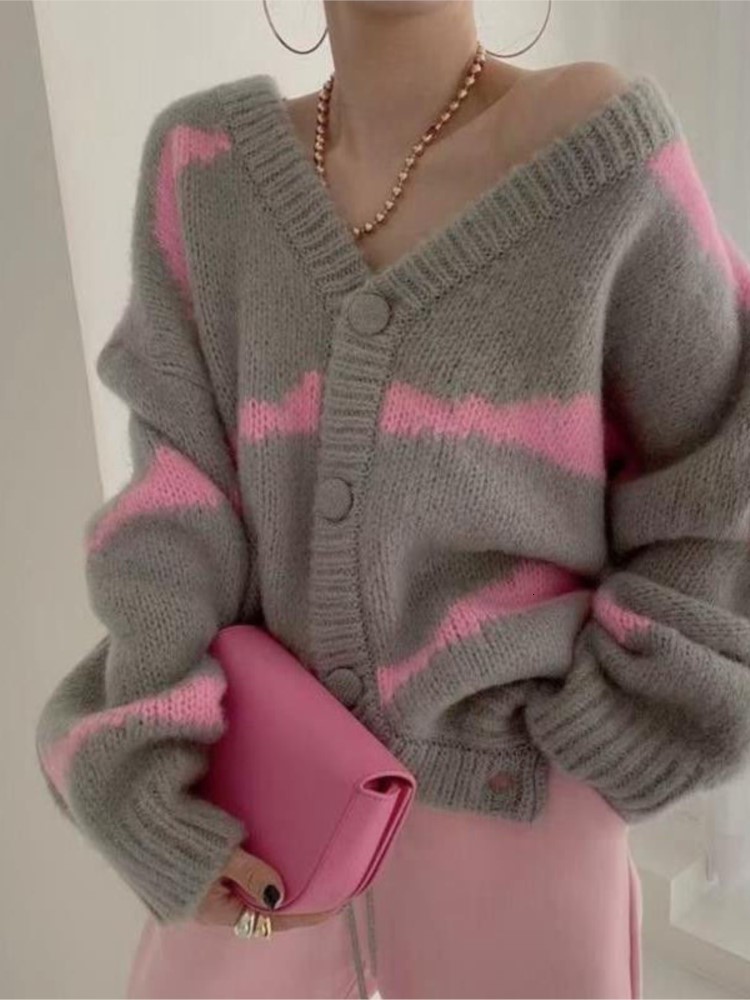 Women's Knits Tees Women Loose Striped Sweaters Korea Loose V-neck Long Sleeve Knitting Cardigan Jacket Outfits Blusa Frio Feminina Tops Mujer 23