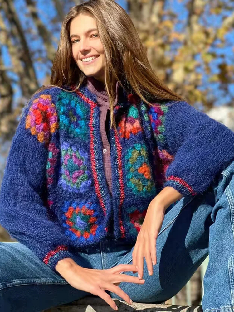 Women's Knits Tees Gypsylady Knitted Block Pattern Sweater Cardigan Handmade Crochet Women Bohemian Cardigan Laides Dames Autumn Blue Bobo Coats 