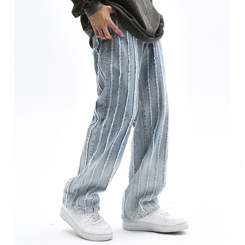 Men's Jeans Gradient Color Striped Frayed Retro Casual Denim Trousers Men and Women Straight Baggy Pockets Ripped Tassel Jeans Pants 230302