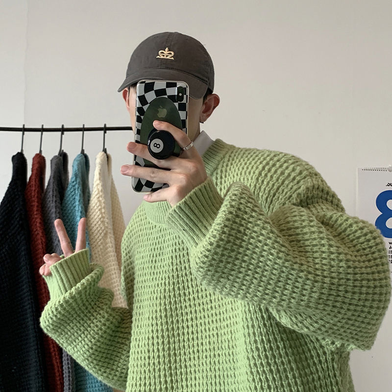 Men's Sweaters Privathinker Waffle Round Neck Sweater Oversized Solid Color Fashion Harajuku Men's Jumpers Autumn Casual Knitted Pullovers 2