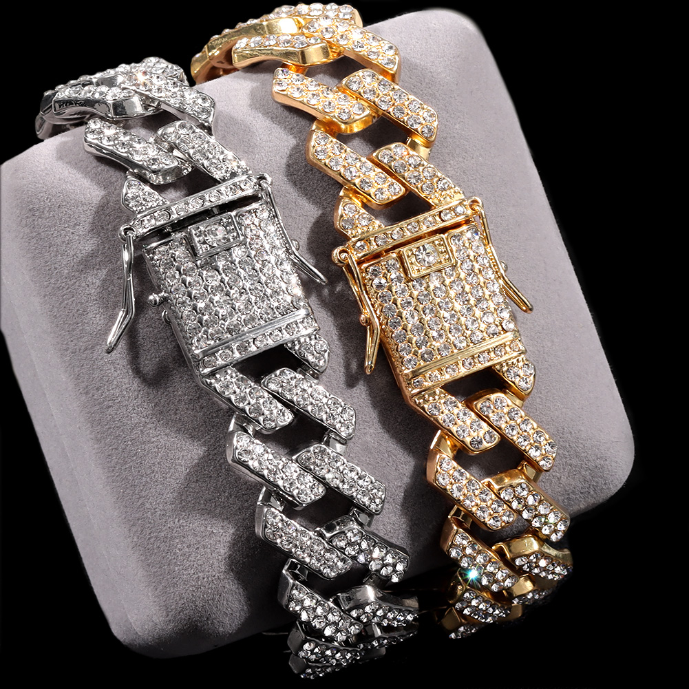14/20MM Hip Hop Metal Cuban Iced Out Chain Bling Full Rhinestone Pave Crystal Bracelet For Men's Jewelry Gift