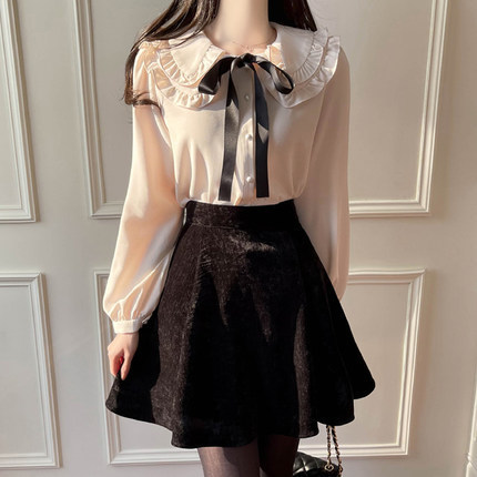 Women's Blouses Shirts fashion Doll collar Chiffon shirt Women's Long-sleeved Office lady Tops Autumn Bow tie Single-breasted Button Blouse 