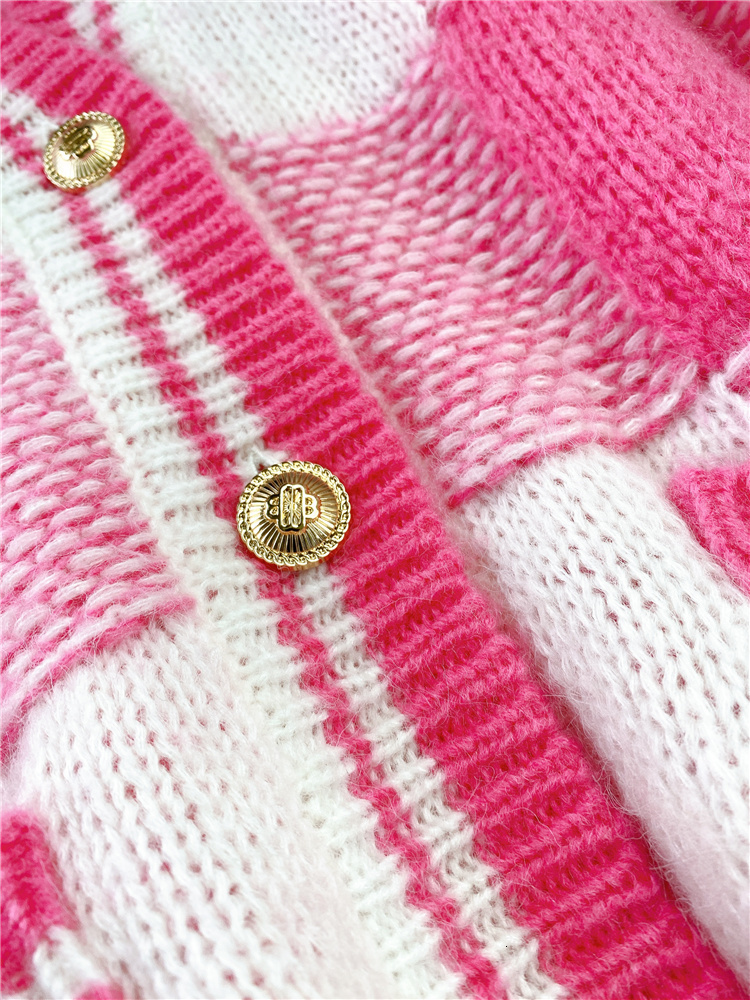 Women's Knits Tees Mohair V-neck Plaid Pink Knitted Jacket Spring Single-breasted Collision Color Loose Office Lady Cardigan Sweater 230302