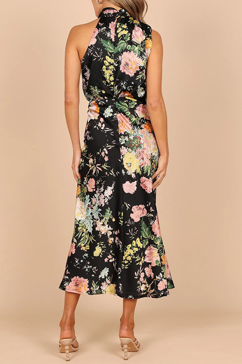 Women Casual Dresses Satin Floral Print Sleeveless Halter Neck Long A-Line Dress