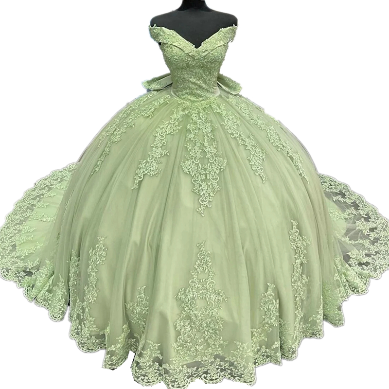 Mint Green Lace Quinceanera Dresses Bow Back Appliques Ball Gown Off The Shoulder Corset Sweet 15 Vestidos De Quinceanera Debutante Prom Party Dress