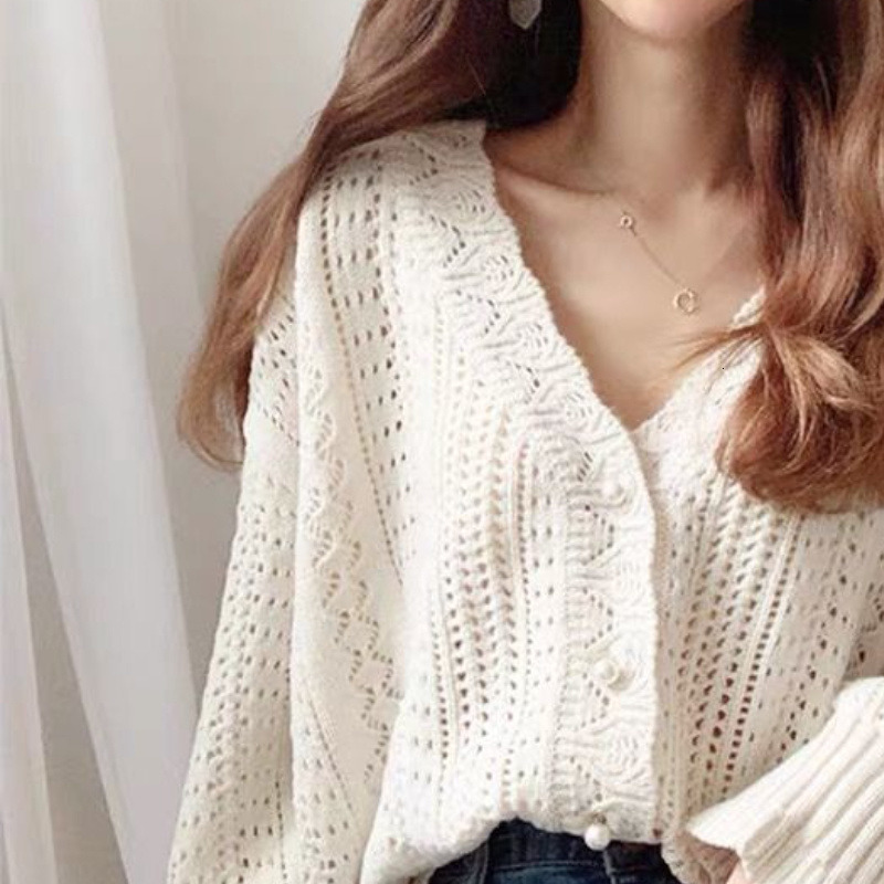 Women's Knits Tees Cardigan Women Elegant Spring Hollow Out Chic Long Sleeve Loose V-neck Feminine Tender Green White Street Outerwear Cozy Ins 2