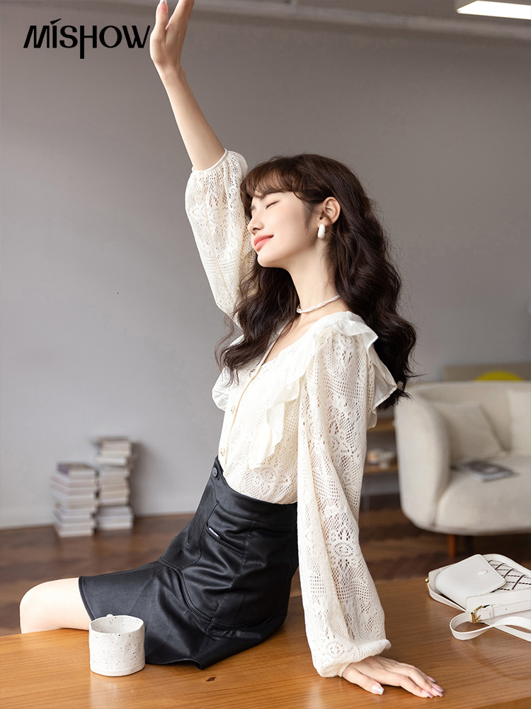 Women's Blouses Shirts MISHOW Lace Blouses Women Autumn French Vneck Ruffle Long Sleeves Crochet Hollow Out Shirts Chic Female Clothing MXB35X035