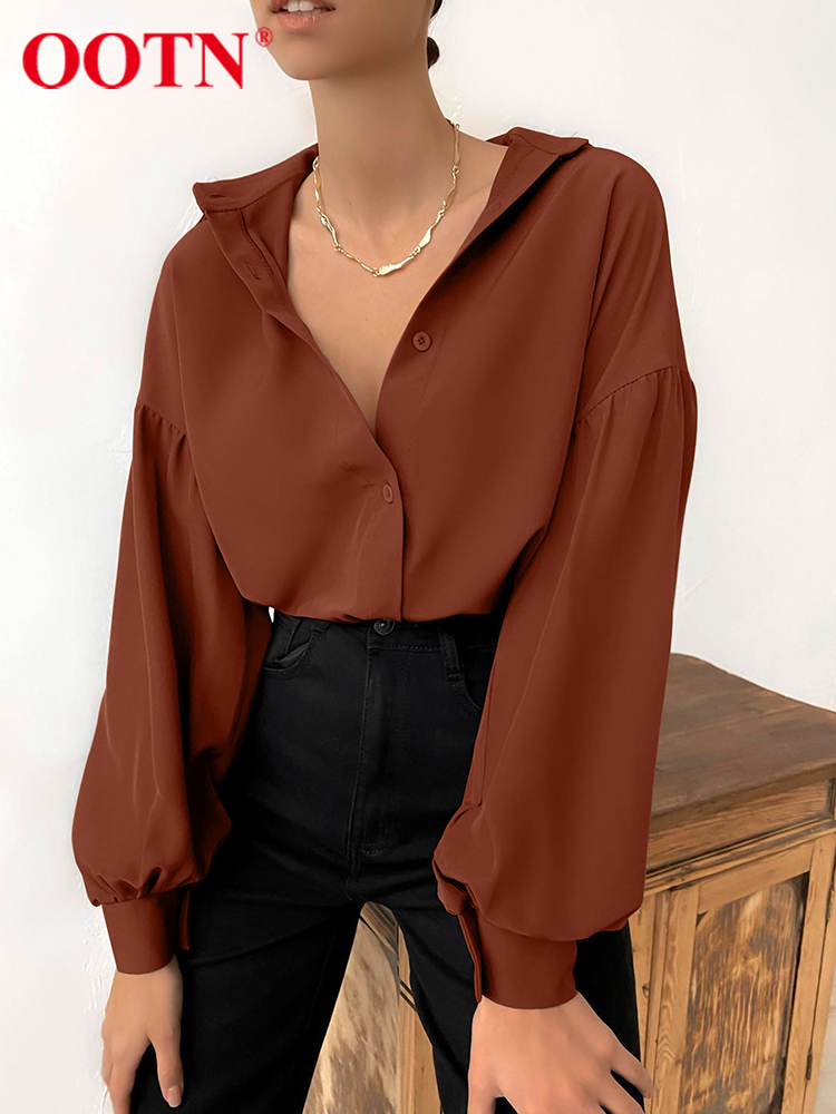 Women's Blouses Shirts OOTN Office Shirt Chiffon Long Sleeve Lapel All-Match Autumn Loose Elegant Button Casual Blouse Pleated Button Women Tops 