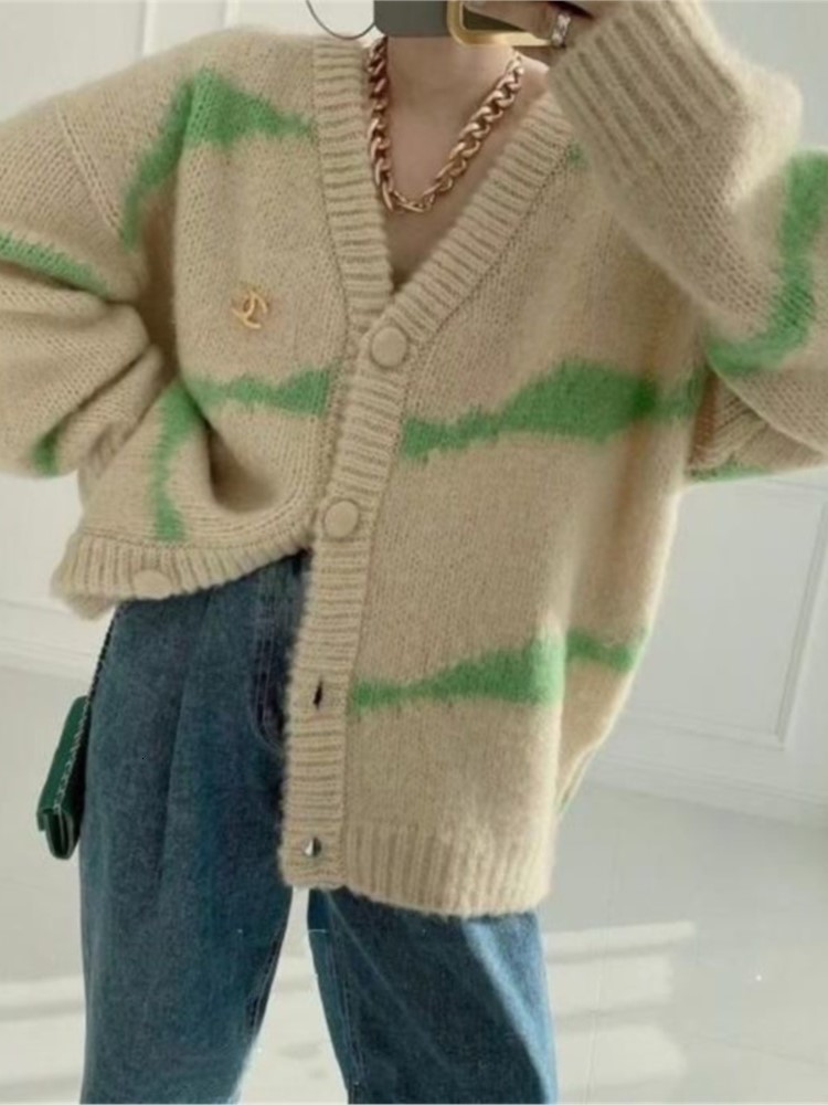 Women's Knits Tees Women Loose Striped Sweaters Korea Loose V-neck Long Sleeve Knitting Cardigan Jacket Outfits Blusa Frio Feminina Tops Mujer 23