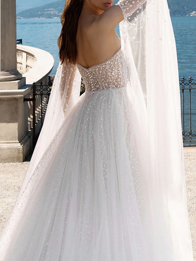 Beach Boho Wedding Dress Sweep Train A-Line Long Sleeve Strapless Tulle Bow 2023 Bridal Gowns Sexy Sequined Robe De Mariee