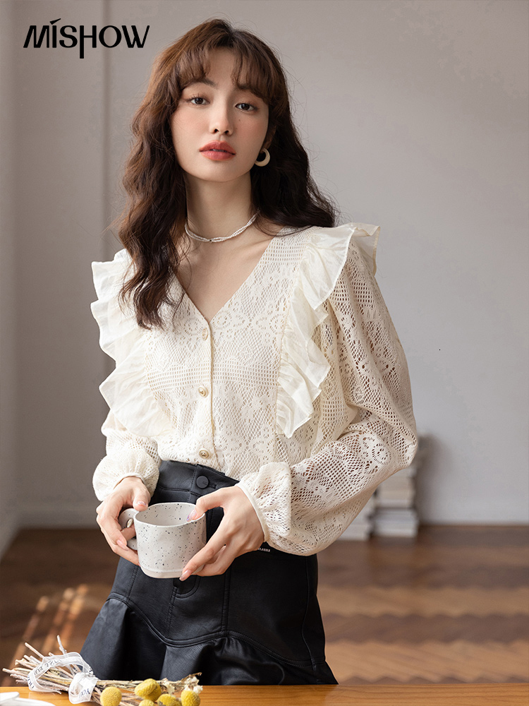Women's Blouses Shirts MISHOW Lace Blouses Women Autumn French Vneck Ruffle Long Sleeves Crochet Hollow Out Shirts Chic Female Clothing MXB35X035