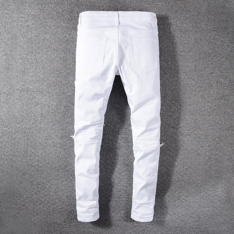 Men's Jeans Sokotoo Men's white stretch ripped biker jeans Slim skinny pleated patchwork denim pants 230302