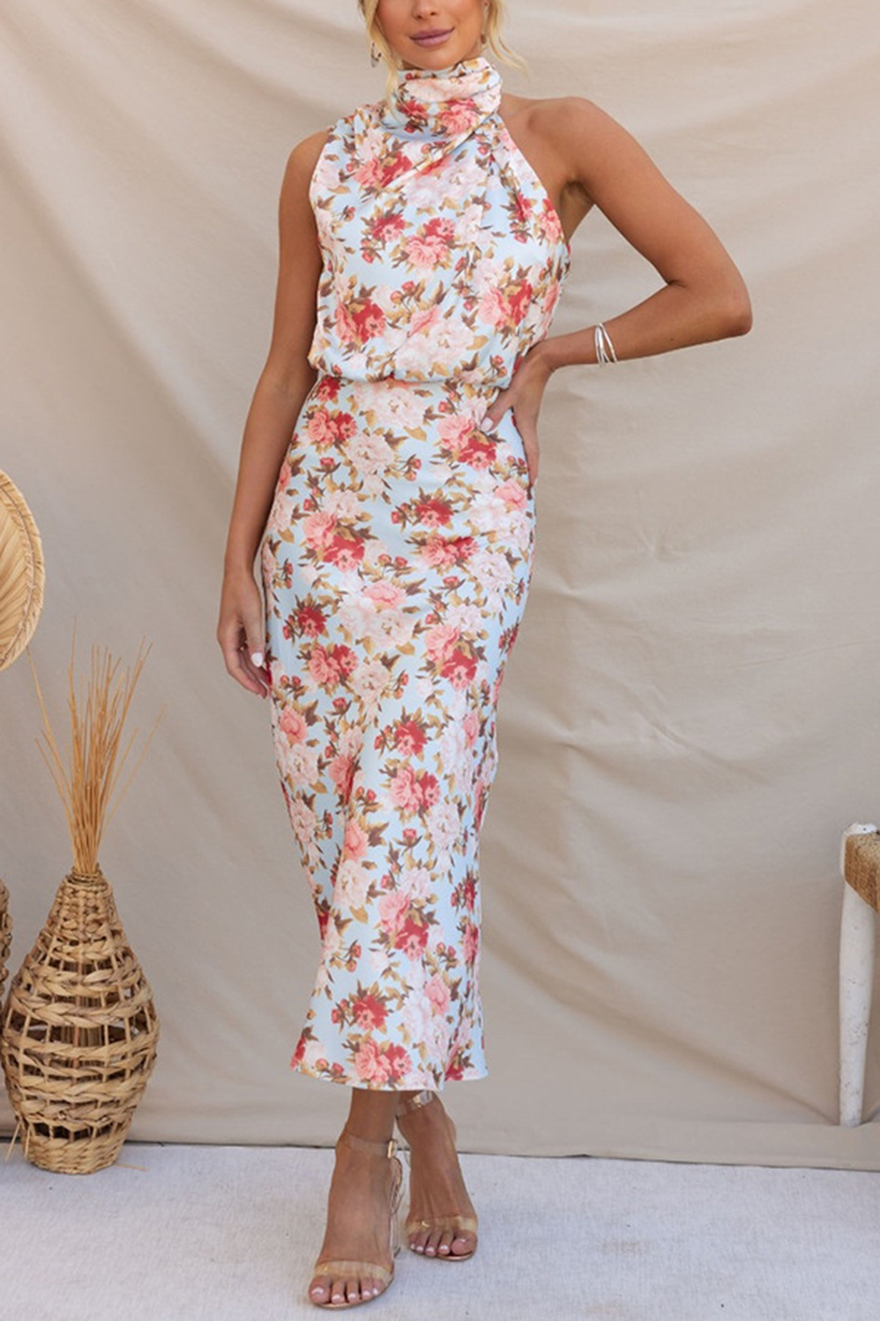 Women Casual Dresses Satin Floral Print Sleeveless Halter Neck Long A-Line Dress