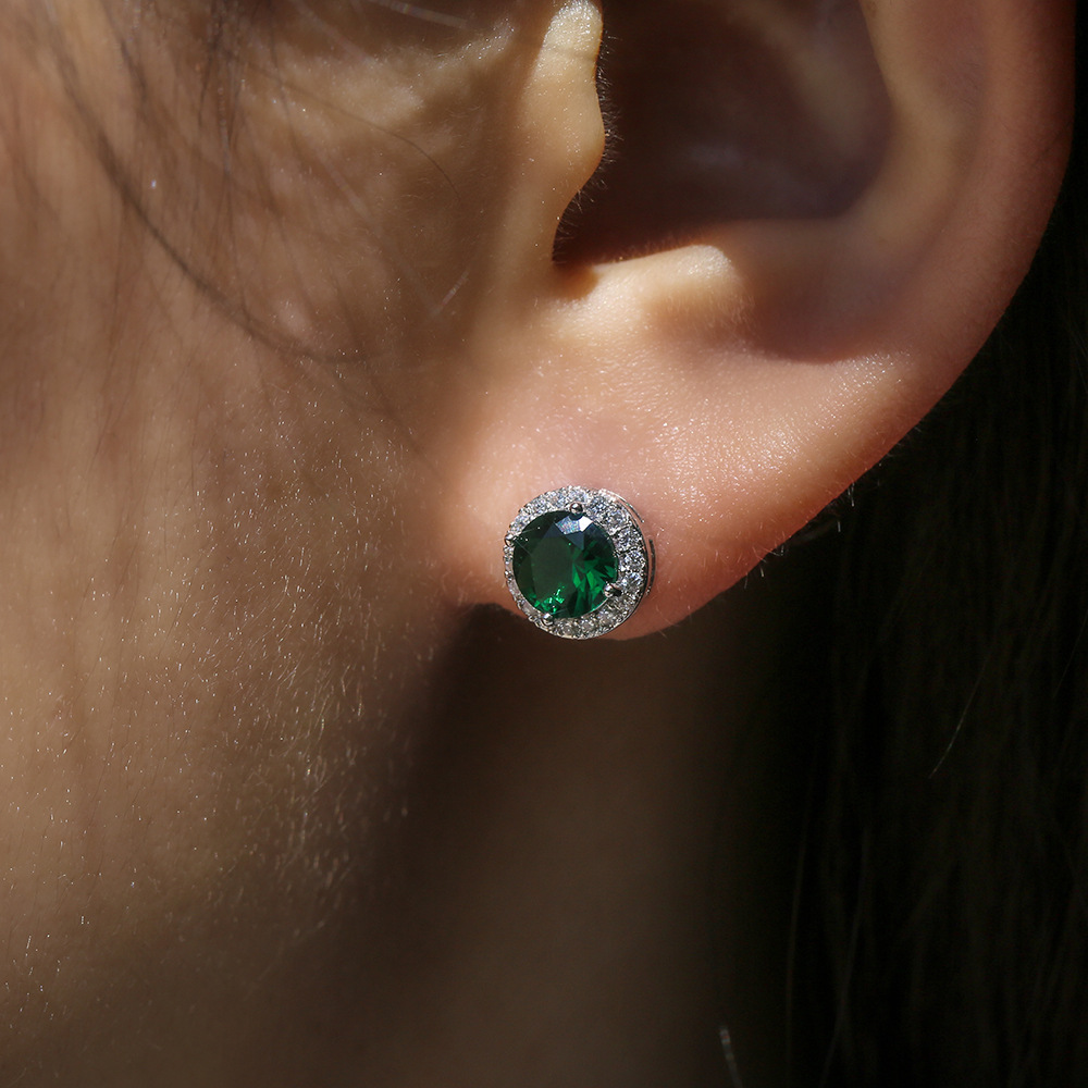 Round Zircon Women Stud Earrings With Green Stone Silver Color Studs Ear Girl Druzy Earrings Jewelry Gift