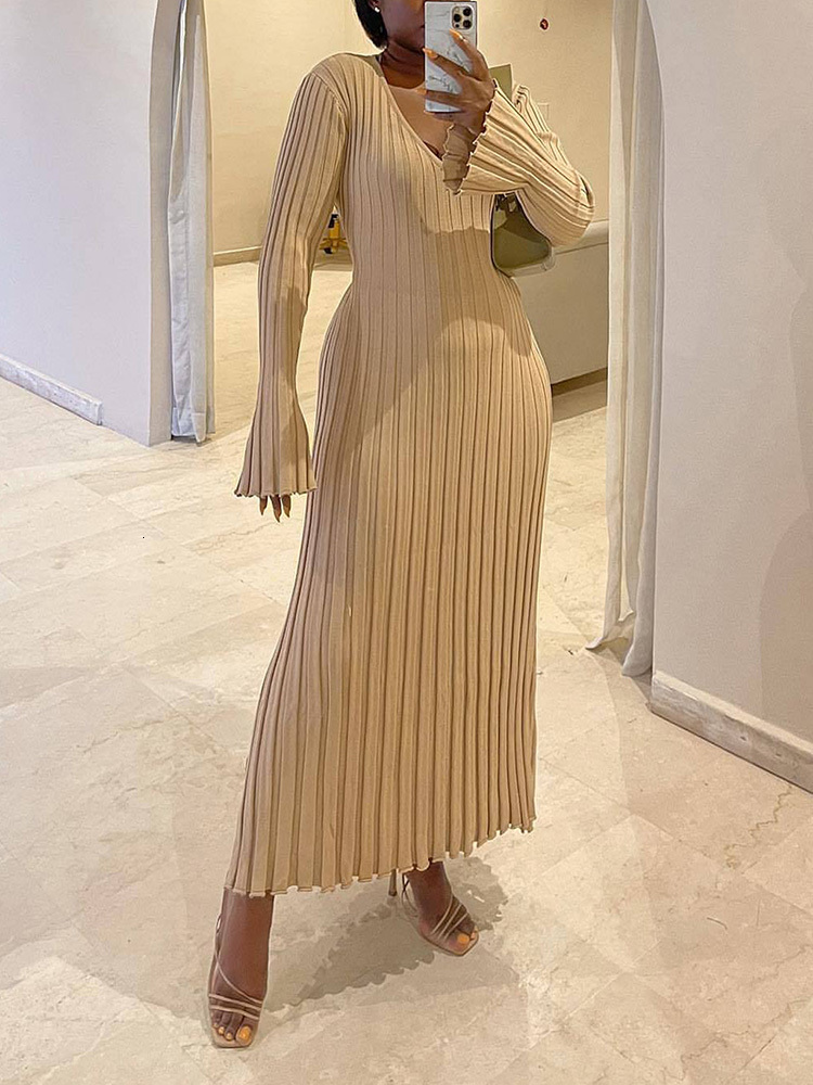 Casual Dresses Knitted Women Long V Neck Female Solid Elegant Full Sleeve ALine Autumn Winter Ladies Ribbed Maxi Robe 230301