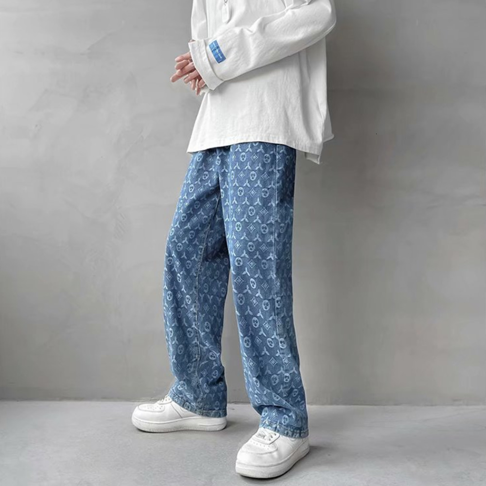 Men's Jeans American Retro Jacquard Jeans Men Autum Summer Thin Street Ruffian Handsome Loose Pants Straight Drop Vintage Denim Distressed 230302