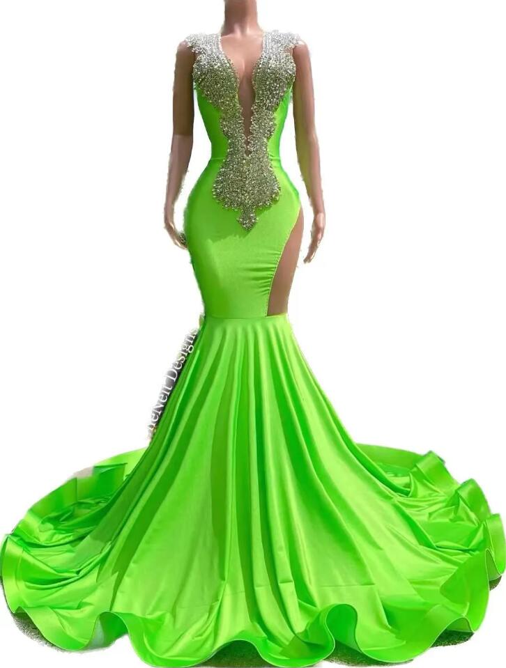 Mermaid Prom Dresses Green African Deep V neck Sleeveless Crystals Beads Black Girls Long aso ebi evening occasion gown