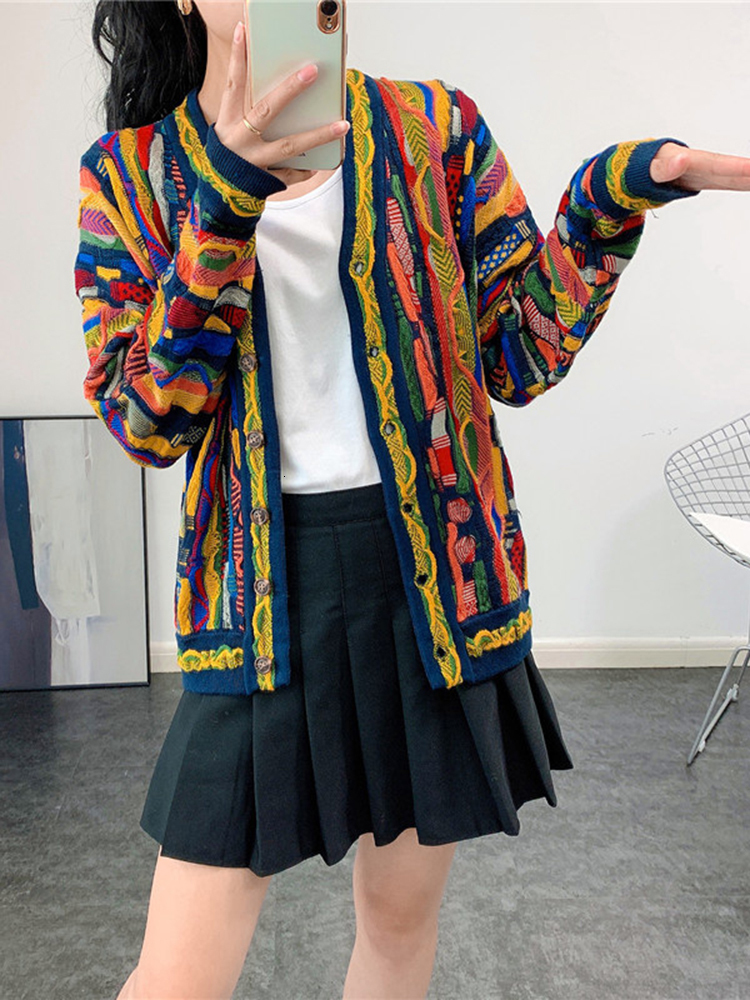 Women's Knits Tees XFPV Autumn Fashion Casual V Neck Long Sleeve Loose Multicolor Striped Slim Cardigan Kniited sweater Woman SM11890 230302