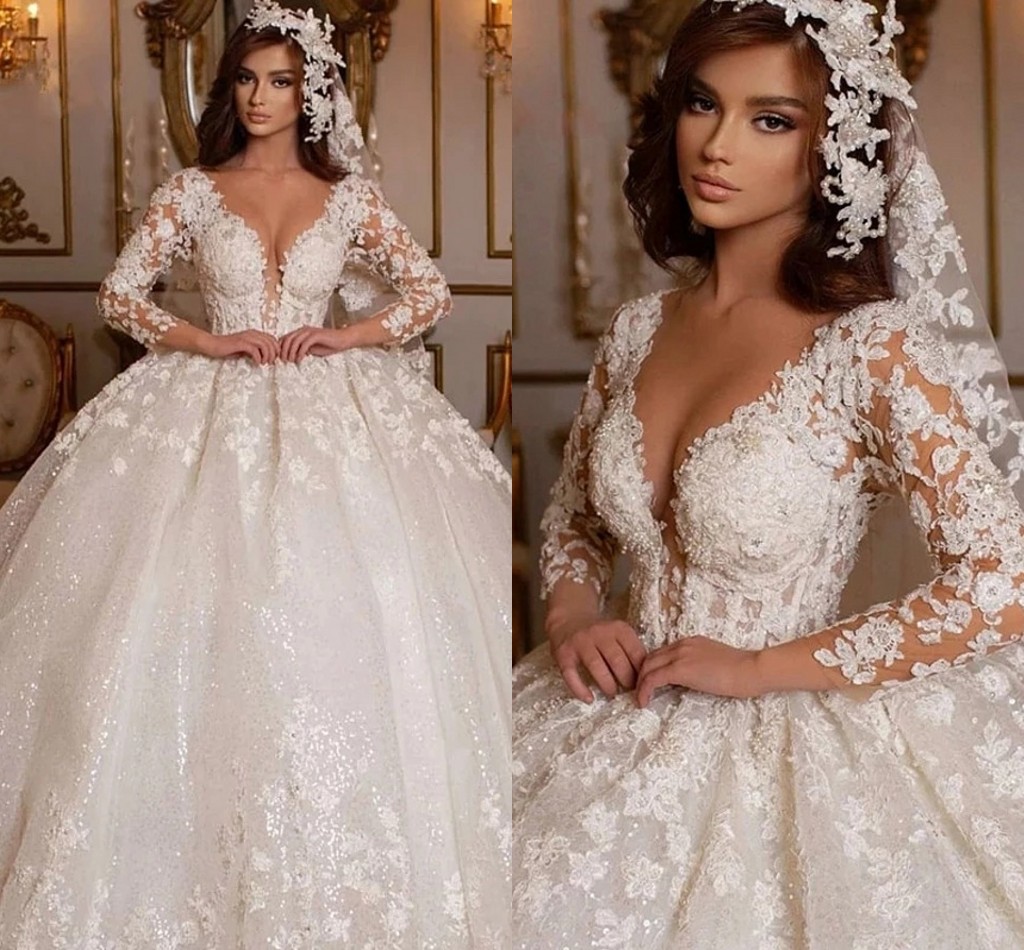 Retro 2023 Lace Wedding Dress Princess Ball Gown Beading Bridal Gowns Shinny Long Sleeves Lace Appliques Ivory Arabic Dubai Robe De Mariage