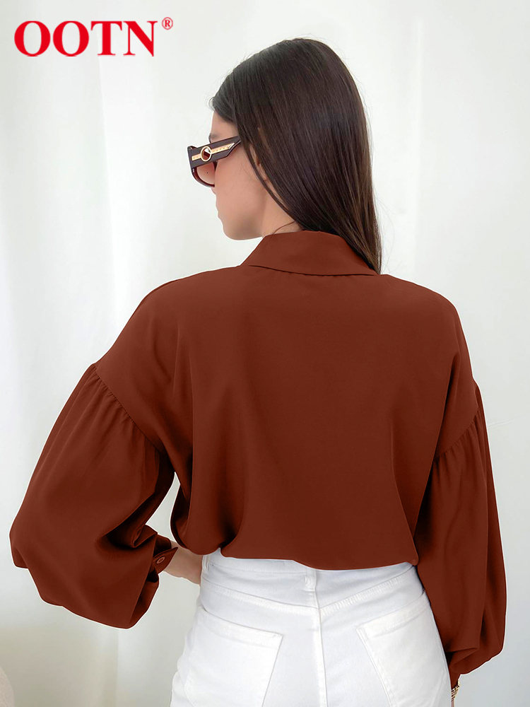 Women's Blouses Shirts OOTN Office Shirt Chiffon Long Sleeve Lapel All-Match Autumn Loose Elegant Button Casual Blouse Pleated Button Women Tops 