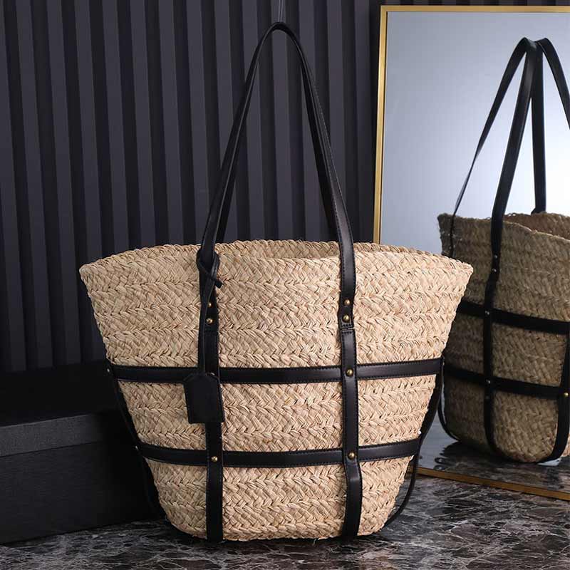 Panier Lafite Grass Tote Bag Women Beach Handbag Purse Fashion Letters Leather Handle Gold Nail Summer Basket Shoulder Bags 40cm