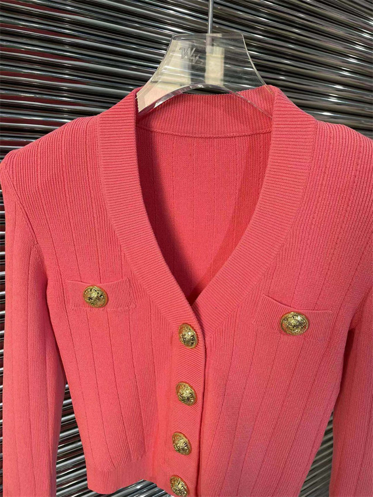 Women's Knits Tees High Quality Ladies Fashion Spring Vintage Elegant Sweet Cute Metal Button V-Neck Stretch Thick Ice Silk Knit Cardigan Top 230