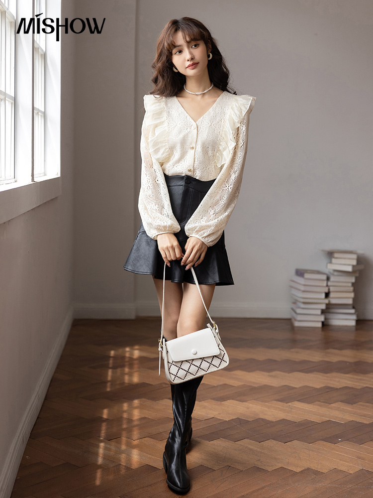 Women's Blouses Shirts MISHOW Lace Blouses Women Autumn French Vneck Ruffle Long Sleeves Crochet Hollow Out Shirts Chic Female Clothing MXB35X035
