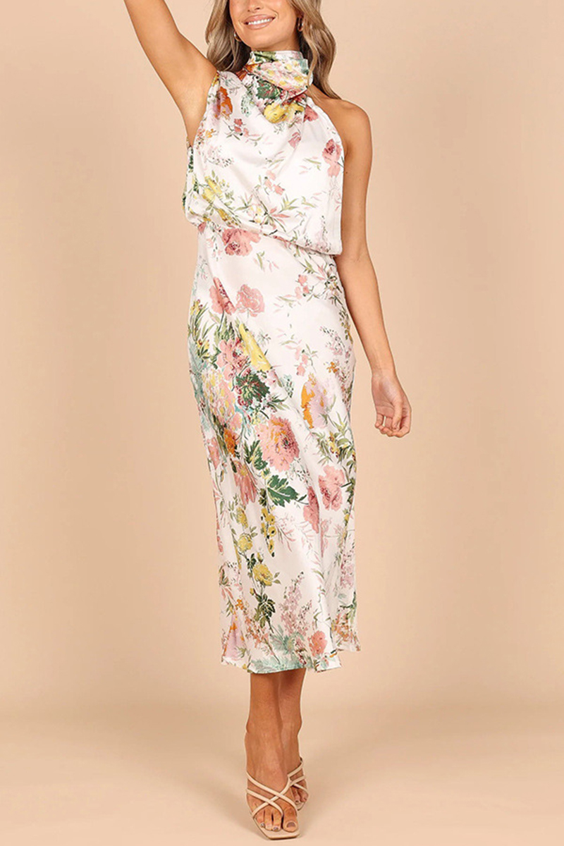 Women Casual Dresses Satin Floral Print Sleeveless Halter Neck Long A-Line Dress