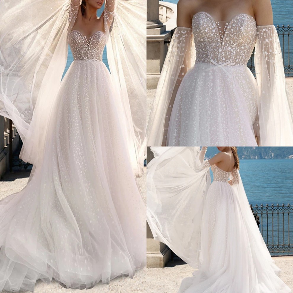 Beach Boho Wedding Dress Sweep Train A-Line Long Sleeve Strapless Tulle Bow 2023 Bridal Gowns Sexy Sequined Robe De Mariee