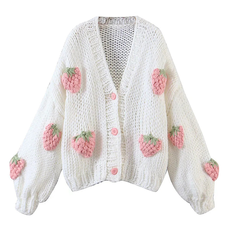 Women's Knits Tees Cute Strawberry Women Cardigan Sweater Winter Loose Fashion V Neck Hand 3D Knitting Ladies Jumper Casual Female Coats 230302